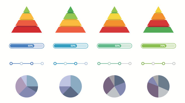 Data visualization set features colorful pyramid charts, horizontal loading bars, process timelines, and circular pie charts.