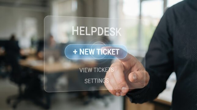 Professional using digital helpdesk interface to create new support ticket in office setting with interacting transparent digital interface with interface
