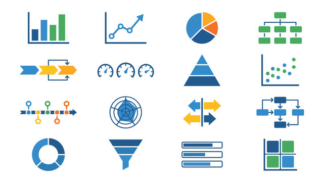Business analytics icons provide a comprehensive collection of charts, diagrams, and process flows for professional presentations.