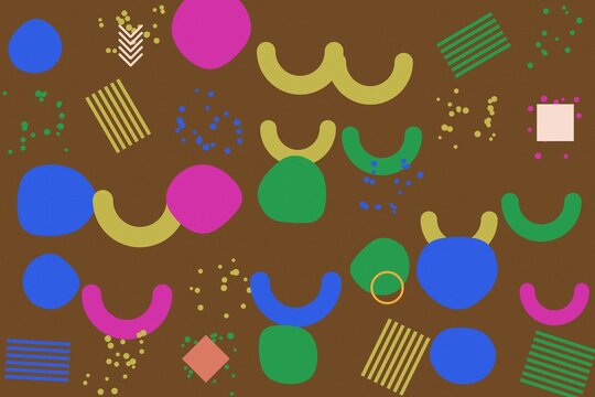 Abstract background featuring colorful geometric shapes and patterns on a solid brown backdrop for creative design projects