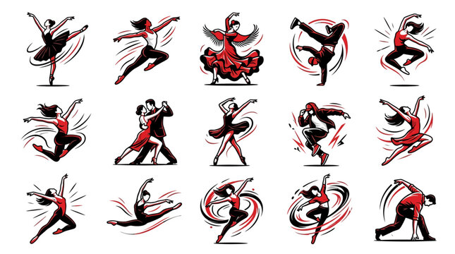 Red and black stylized dancing figure collection.
