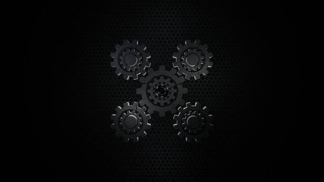 Abstract dark background with five metallic mechanical industrial gears over a black hexagon grid pattern