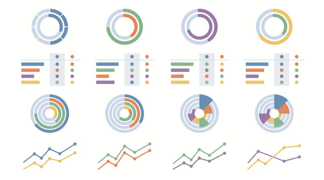 Analytical dashboards contain circular donut charts, scatter plots, and multi-colored trend lines for complex data tracking.