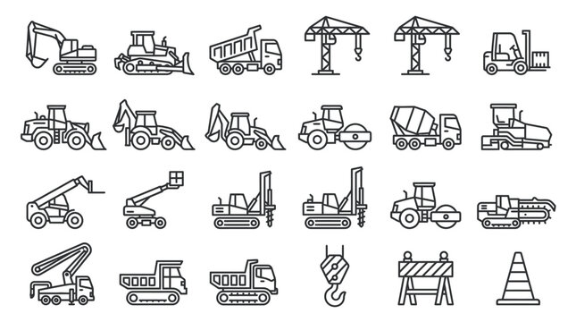 Collection of line art icons representing various construction vehicles and equipment for building and heavy industry projects