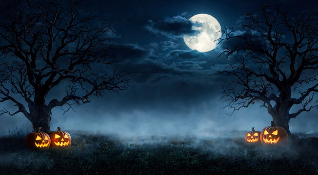 Eerie pumpkin patch under a haunting full moon on a chilly Halloween night