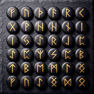 Elder Futhark runic alphabet symbols on dark volcanic rocks top view.