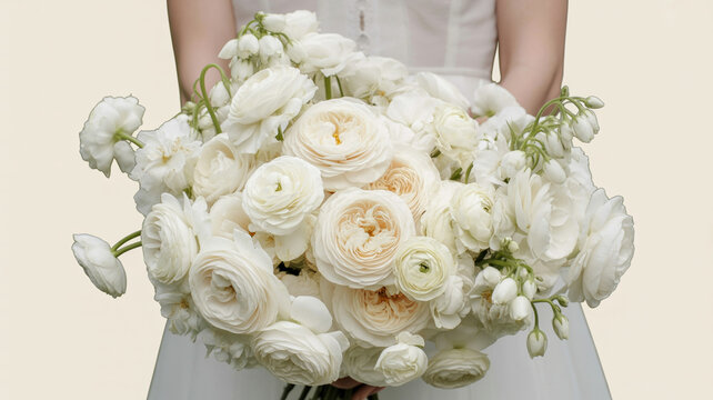 Dreamy high-key white floral wedding bouquet, romantic overexposed style