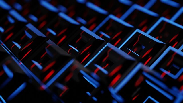 Abstract dark tech background with a grid of metallic cubes glowing with blue and red neon lights