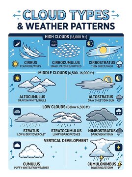 Educational chart of cloud types and atmospheric weather patterns