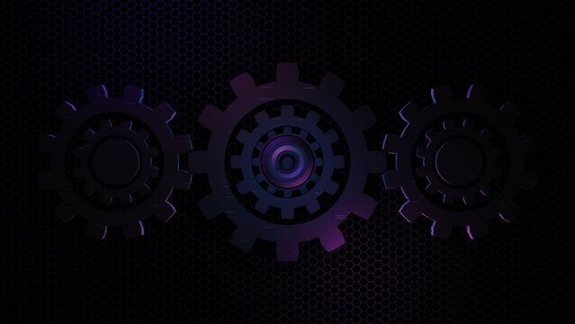 Abstract dark technology background with three industrial metallic gears over purple hexagon grid pattern