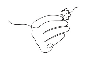 Obraz premium Continuous line drawing of a human hand holding a jigsaw puzzle piece for business solution on white background vector illustration