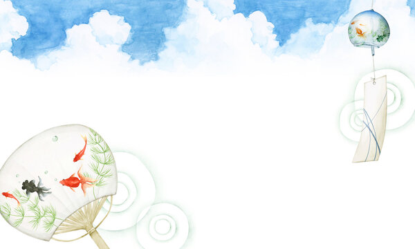 風鈴 うちわ 金魚　背景 フレーム　水彩 イラスト