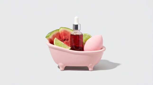 Serum bottle with watermelon and lime slices in a small bathtub