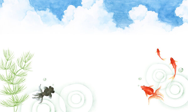 金魚 入道雲　背景 フレーム　水彩 イラスト