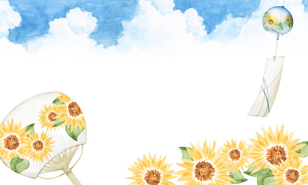 風鈴 うちわ ひまわり　背景 フレーム　水彩 イラスト