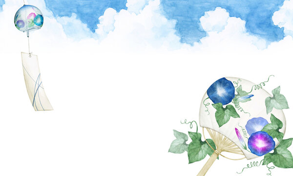 風鈴 うちわ 朝顔　背景 フレーム　水彩 イラスト