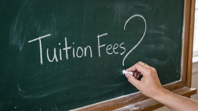 White chalk handwriting on green classroom chalkboard asking about expensive tuition fees for college students today