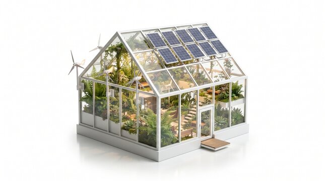 Greenhouse equipped with rooftop solar panels and side wind turbines demonstrates a self-sustaining eco-friendly structure designed for sustainable urban gardening and renewable energy integration.