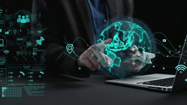 Explore the captivating world of digital communication with a futuristic scene displaying a laptop, smartphone, and global network symbols that emphasize connectivity. Cipher