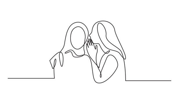 Continuous line drawing of two happy women talking and whispering secrets on white background vector illustration