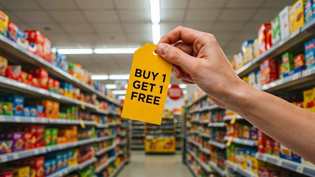 Hand holding buy one get one free promotional discount tag