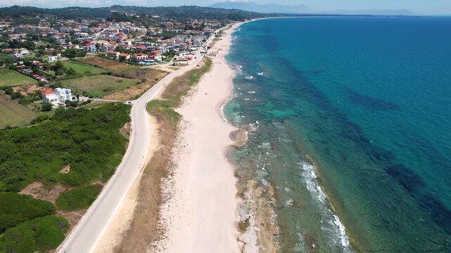 Aerial Wide View of Kanali Beach in Preveza Greece, Ionian Sea Coastline Point of Interest Shot