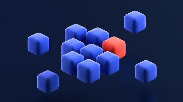 One standing out red soft cube among many floating blue soft cubes on dark blue background shows concept of uniqueness individuality and different creative thinking