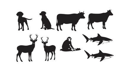Fototapeta premium Animal silhouettes collection with wild and domestic species including deer and cattle.