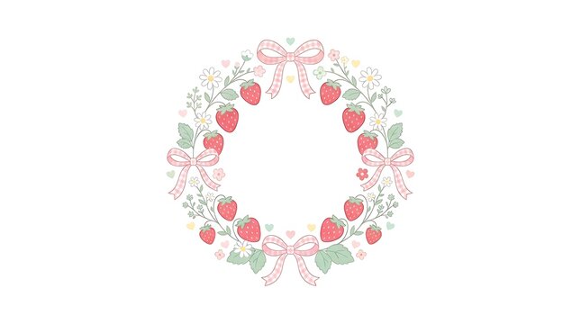 pink heart on white background , with strawberry ,circle frame, template