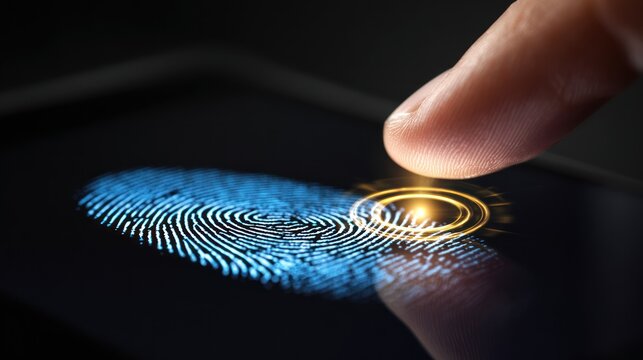 Fingertip touching a glowing fingerprint sensor