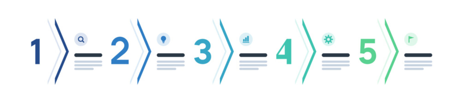 Five step chevron arrow infographic banner with numbers and icons