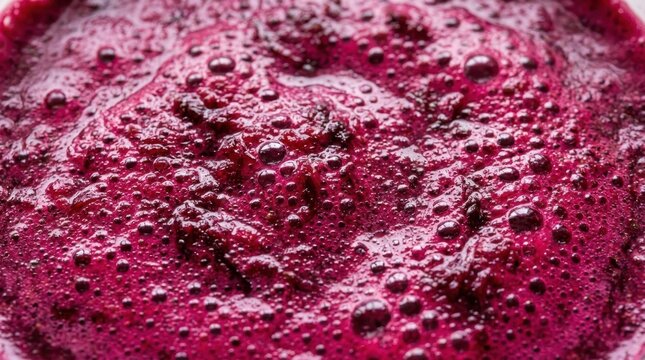 Closeup of a vibrant, foamy beet smoothie texture