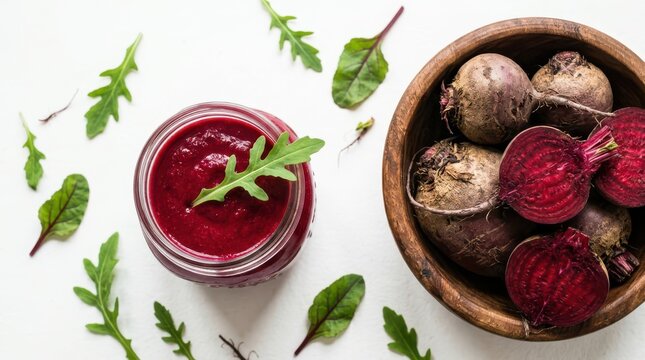 Top view of beetroot smoothie in a jar with arugula isolated on white background