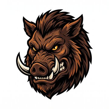 Fierce wild boar head mascot with sharp tusks and intense eyes in brown and dark tones, vector isolated on white