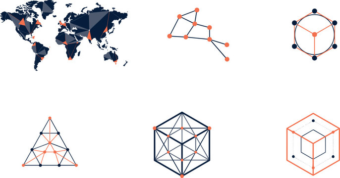 Vector set of abstract geometric network icons featuring low poly world map cube and connection nodes