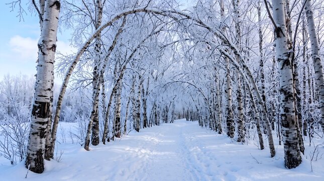 Snow Covered Path Through White Birch Trees in Winter Forest