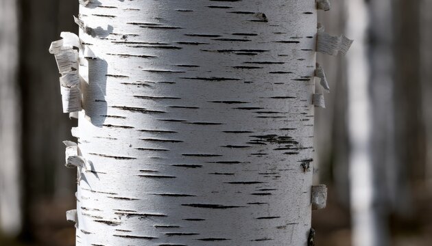 Close-up of textured white birch bark with dark horizontal lines and peeling sections