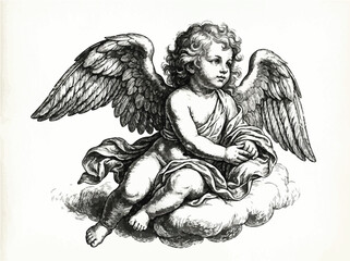 Obraz premium Vintage engraving of a winged cherub angel on a cloud, black and white artistic illustration for religious or holiday design.