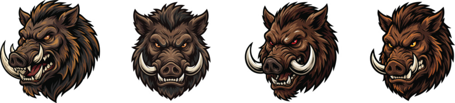 Fierce wild boar head mascot with sharp tusks and intense eyes in brown and dark tones, vector set isolated on white