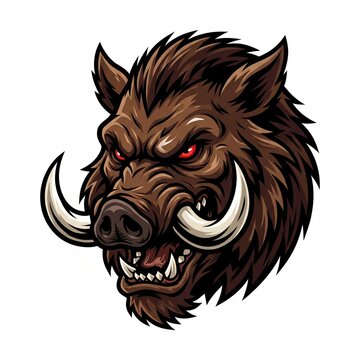 Fierce wild boar head mascot with sharp tusks and intense eyes in brown and dark tones, vector isolated on white