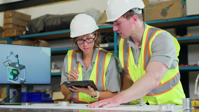 Industrial engineers analyze production documents and digital information during factory operations.