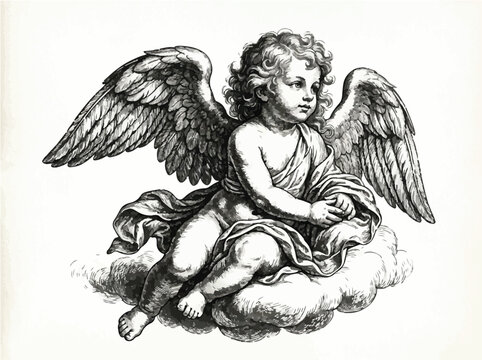 Vintage engraving of a winged cherub angel on a cloud, black and white artistic illustration for religious or holiday design.