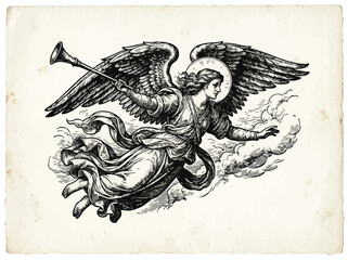 Obraz premium Vintage woodcut illustration of a winged angel flying with a trumpet in clouds, classic religious etching.