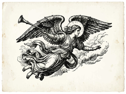 Vintage woodcut illustration of a winged angel flying with a trumpet in clouds, classic religious etching.