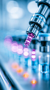 A close-up of a high-tech automated machine nozzle dispensing liquid into vials in a sterile, futuristic laboratory or manufacturing environment.