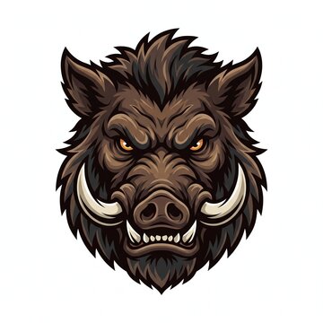 Fierce wild boar head mascot with sharp tusks and intense eyes in brown and dark tones, vector isolated on white