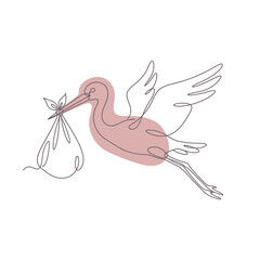 Obraz premium Stork carrying baby bundle line art illustration