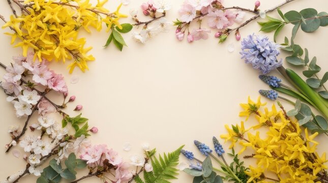 Spring floral frame with cherry blossoms, forsythia, and hyacinth on a cream background