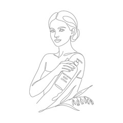 Obraz premium Woman holding moisturizing body lotion with plant extract.