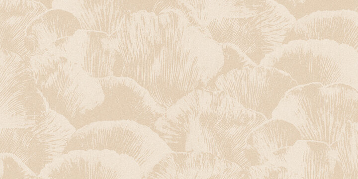 warm beige textured background with overlapping fan-like ginkgo leaf patterns.